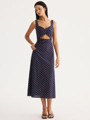 Polka Dot Cutout Cotton Linen Maxi Dress