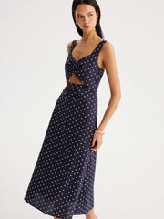 Polka Dot Cutout Cotton Linen Maxi Dress