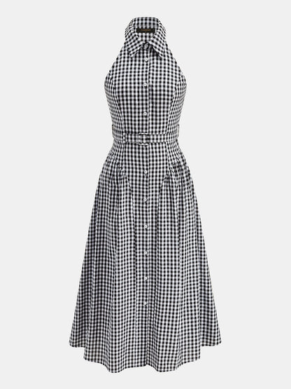 Gingham Collared Halter Belted Midi Dress