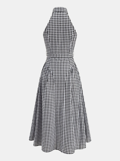 Gingham Collared Halter Belted Midi Dress