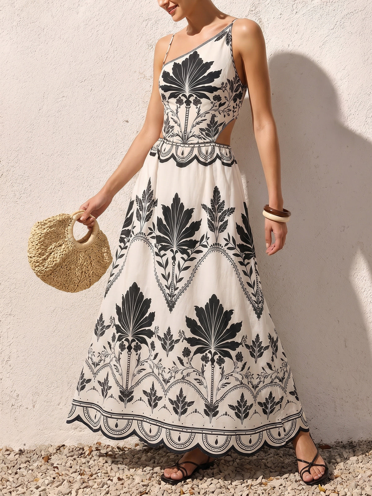 Leaf Print Cutout Asymmetrical Cami Maxi Dress
