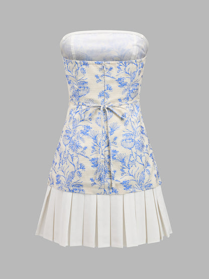 Strapless Floral Pleated Mini Dress