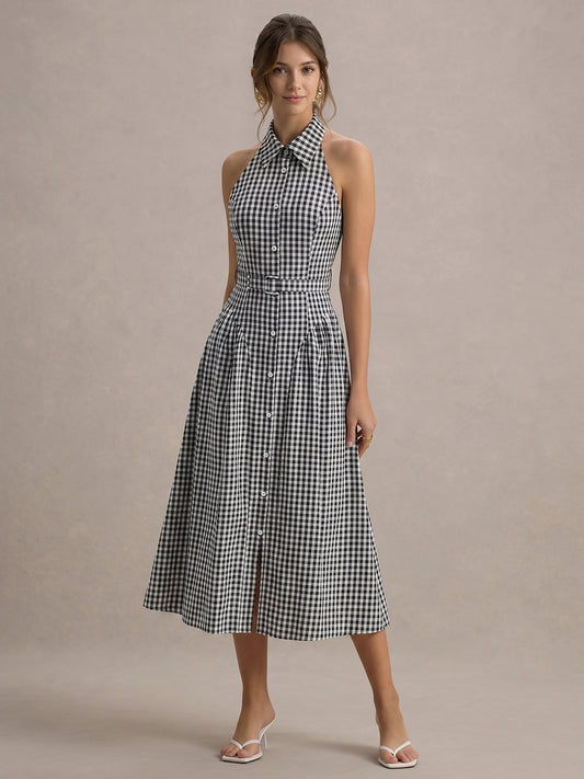 Gingham Collared Halter Belted Midi Dress