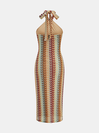 Multicolor Striped Knit Halter Midi Dress
