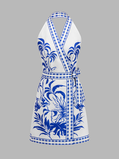 Botanical Print Halter Wrap Dress