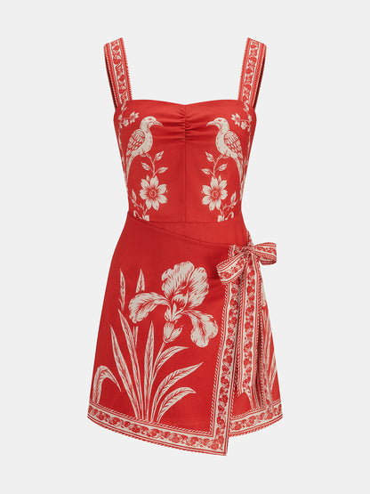 Floral Bird Print Wrap Tie Mini Dress