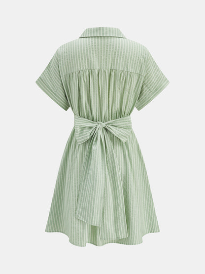 Striped Short Sleeve Tie-Back Shirt Dress