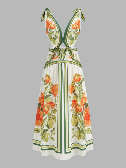 Knot-Strap Floral Print Cutout Midi Dress