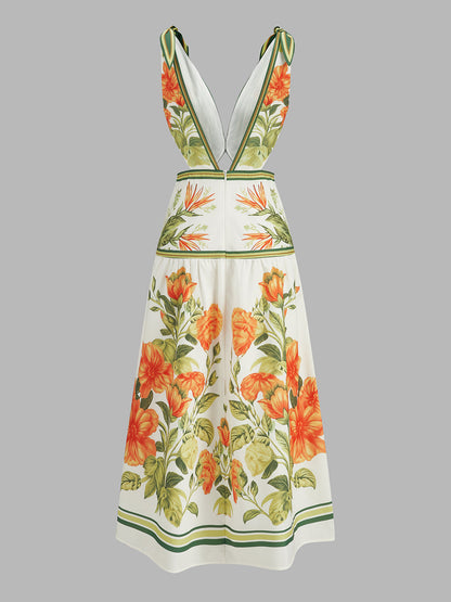 Knot-Strap Floral Print Cutout Midi Dress
