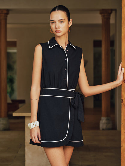 Contrast Piping Sleeveless Collared Cotton Mini Dress