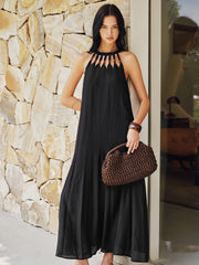 Bead Cutout Neck Crinkle Maxi Dress