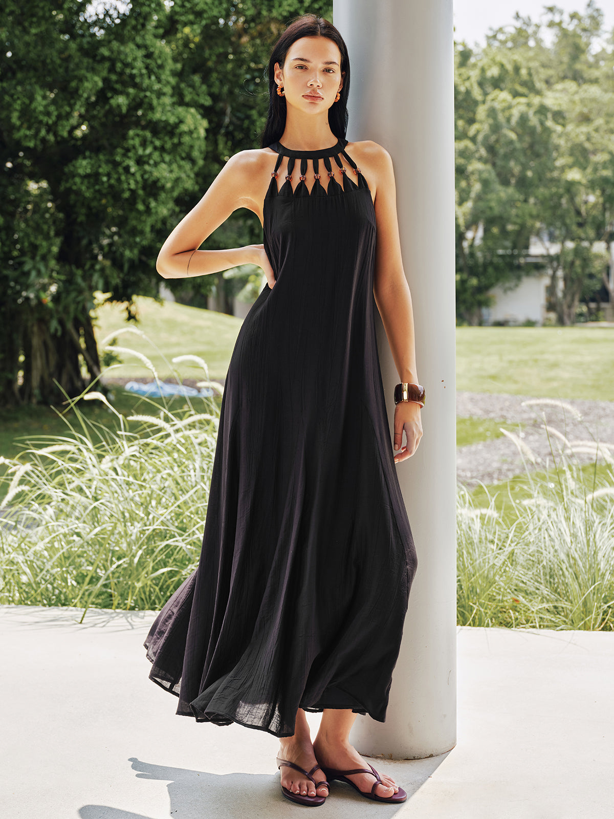 Bead Cutout Neck Crinkle Maxi Dress