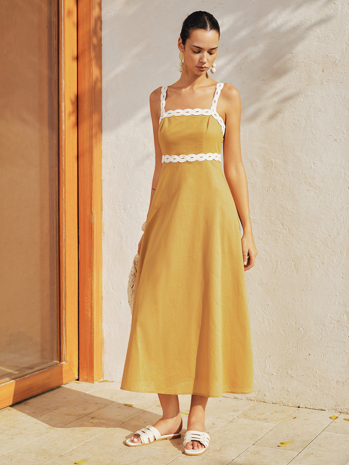 Contrast Trim Cotton Linen Midi Dress
