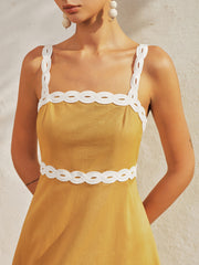 Contrast Trim Cotton Linen Midi Dress