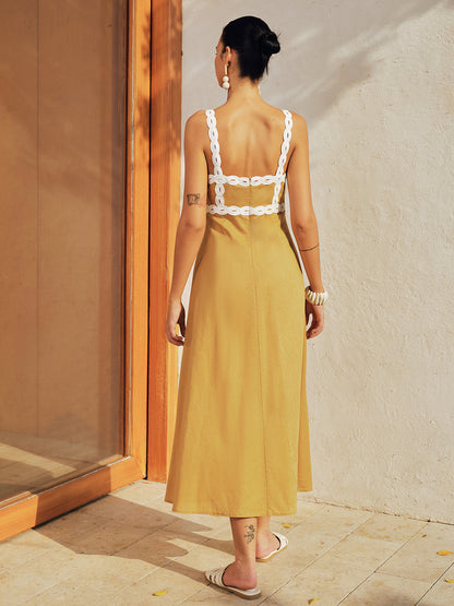 Contrast Trim Cotton Linen Midi Dress