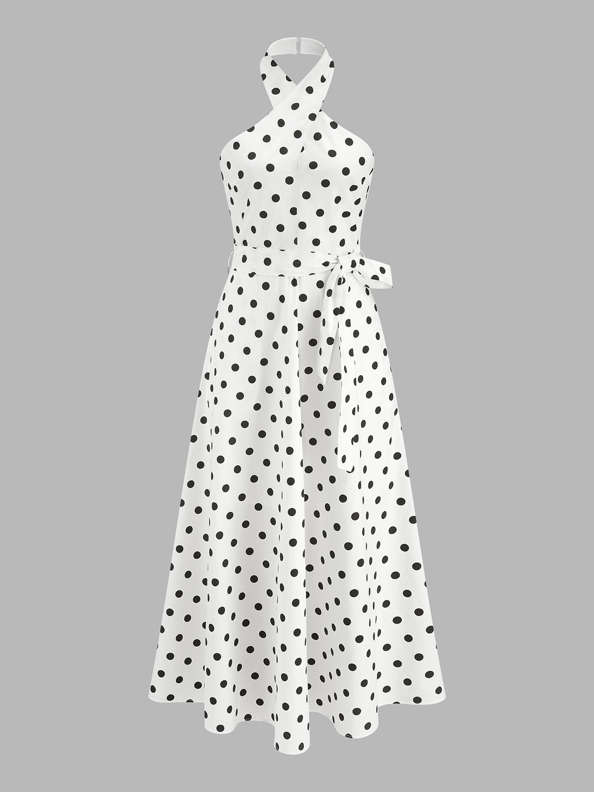 Polka Dot Halter Belted Cotton Midi Dress