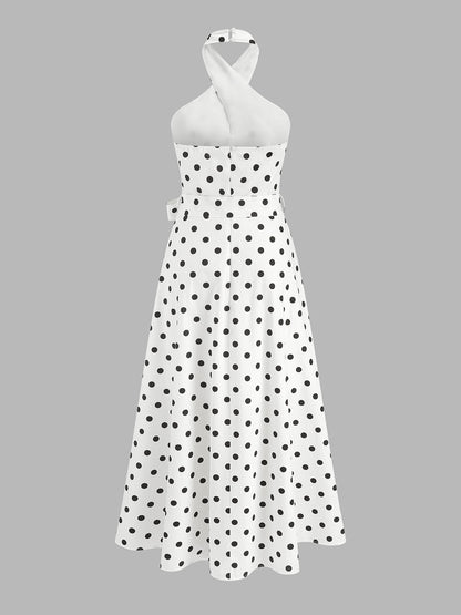 Polka Dot Halter Belted Cotton Midi Dress