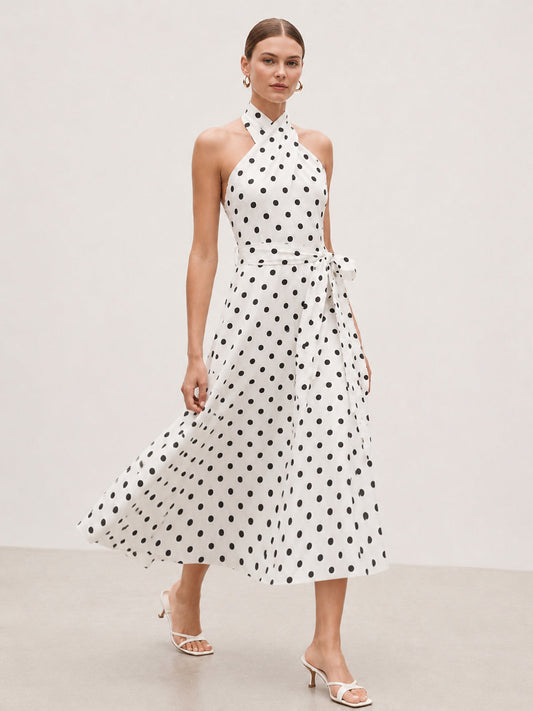 Polka Dot Halter Belted Cotton Midi Dress