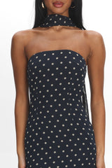 Calluna Strapless Sheer Godet Hem Maxi Dress Print Navy