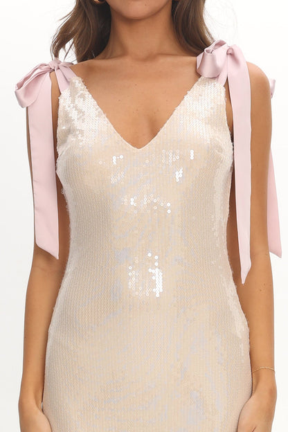 Bellamira Bow Shoulder Maxi Dress Sequin Champagne
