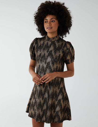 Foil Zig Zag Puff Sleeve Swing Dress