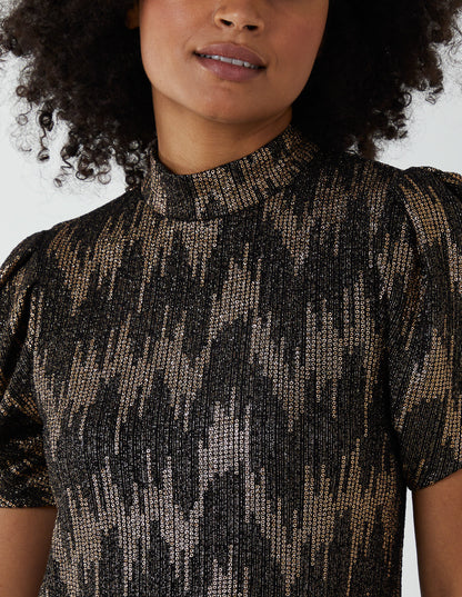 Foil Zig Zag Puff Sleeve Swing Dress