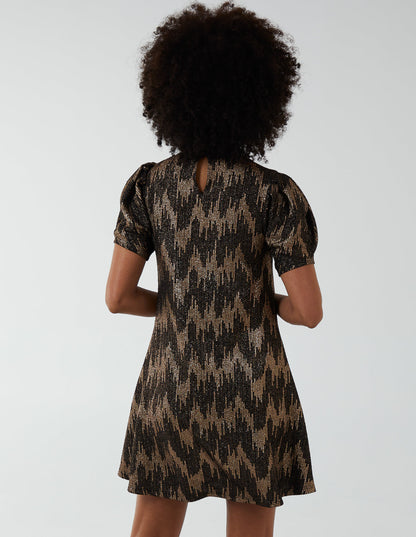 Foil Zig Zag Puff Sleeve Swing Dress