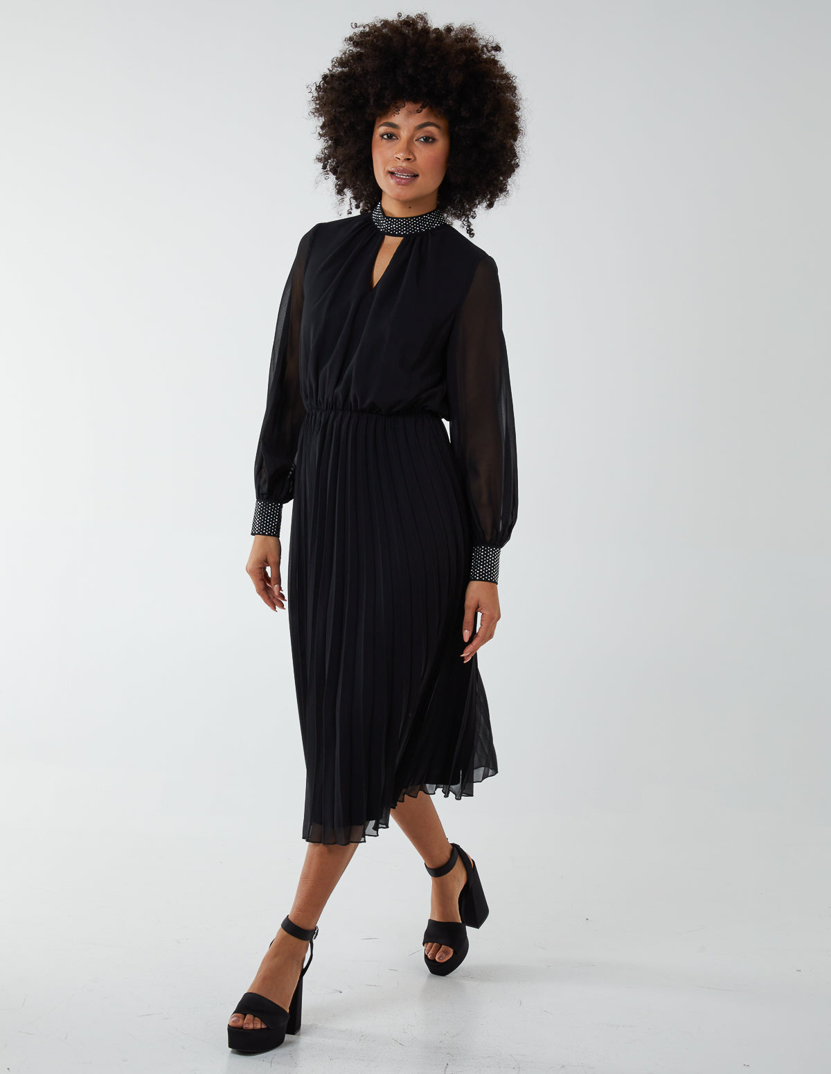 Diamante Collar Pleated Skirt Midi Dress