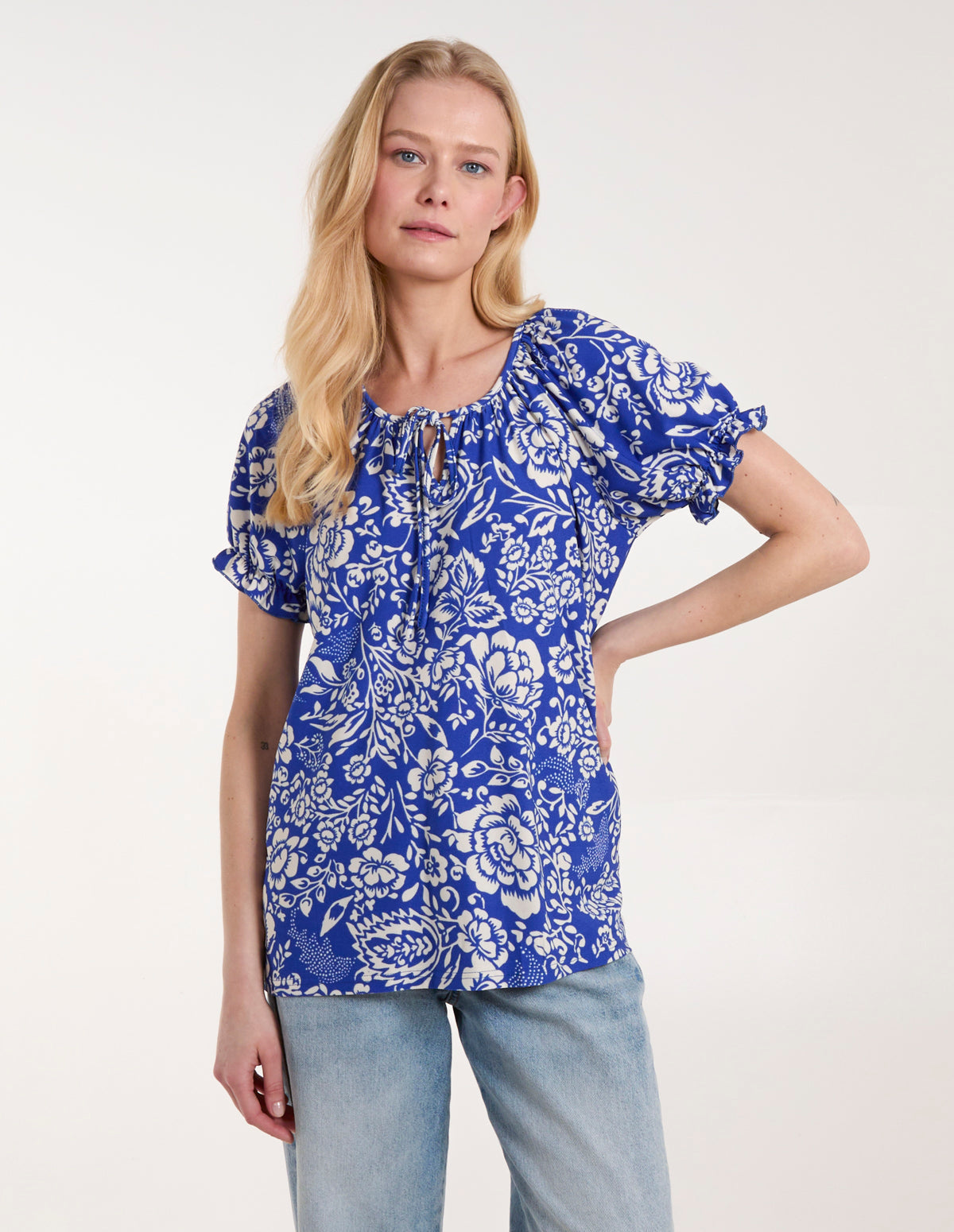 Shirred Sleeve Tie Front Top