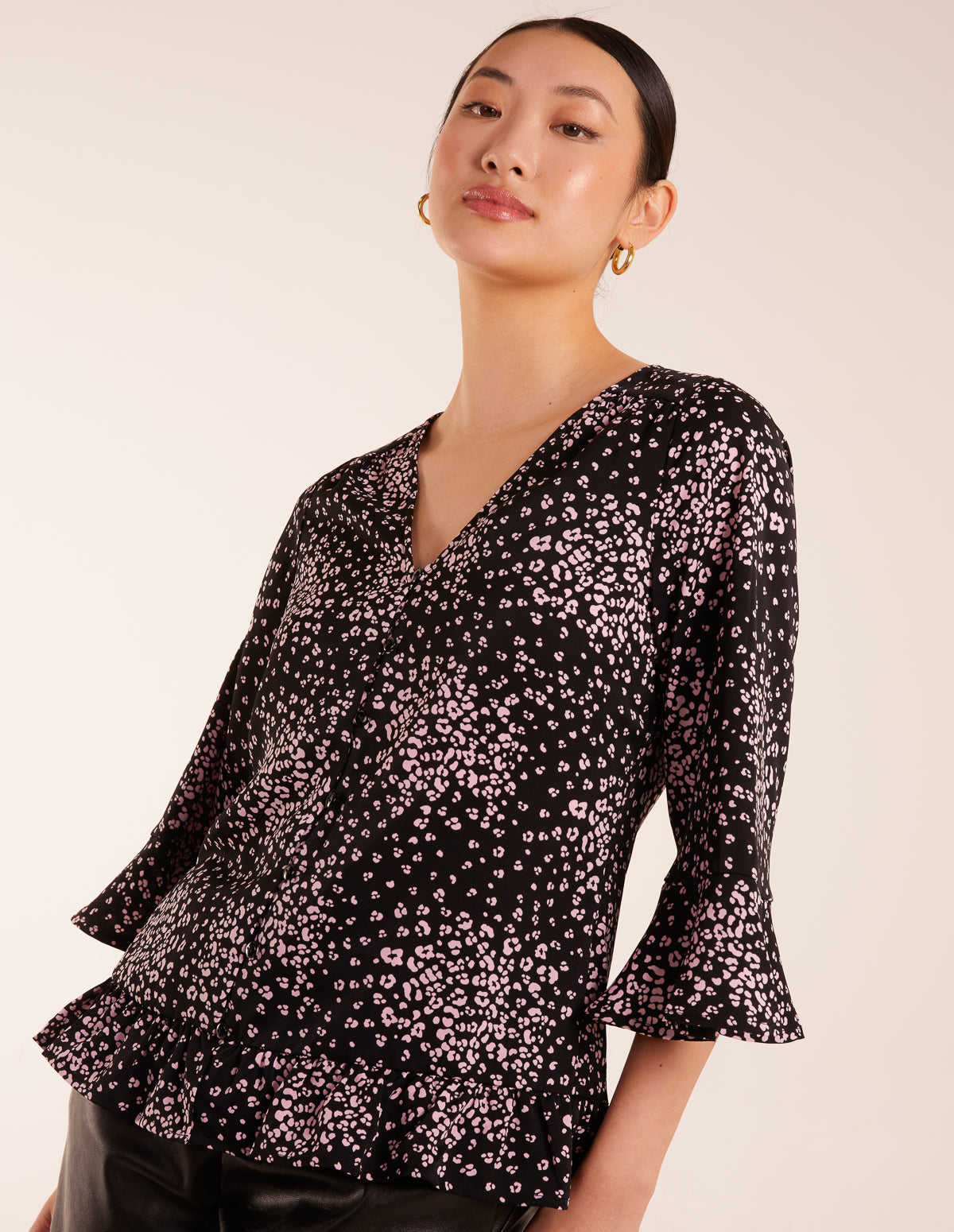 Button Front V Neck Flounce Blouse