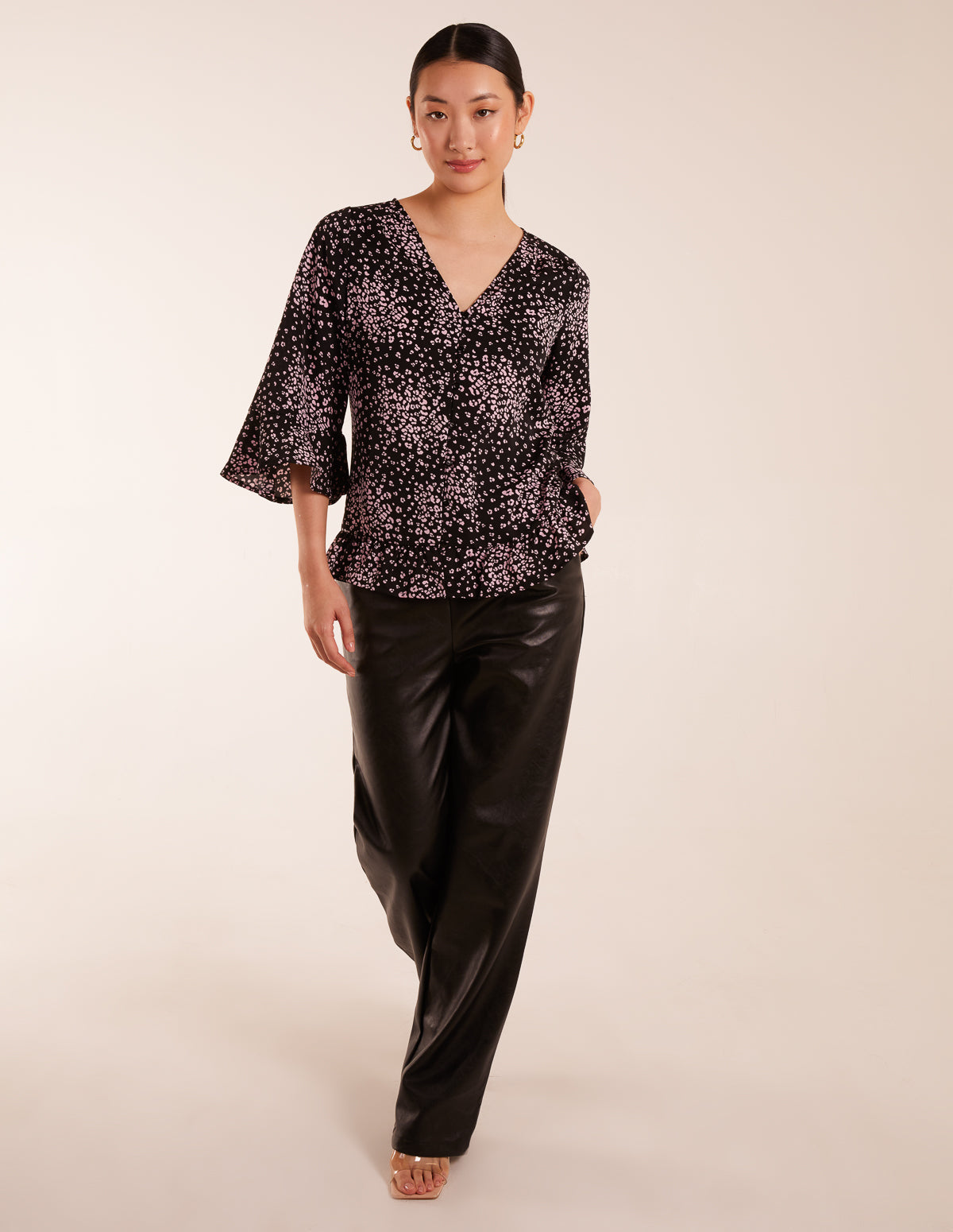 Button Front V Neck Flounce Blouse