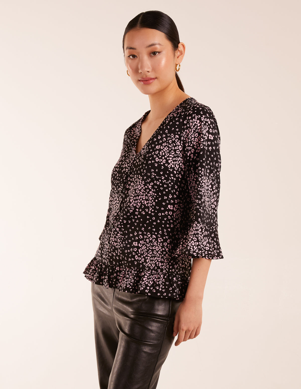 Button Front V Neck Flounce Blouse