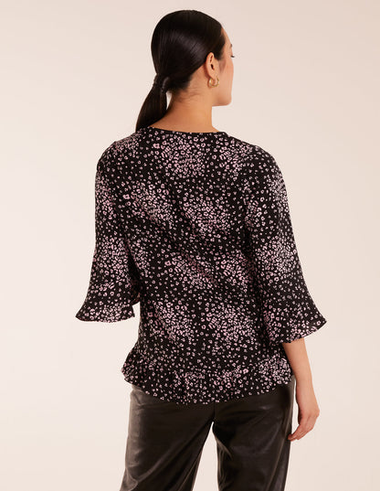 Button Front V Neck Flounce Blouse