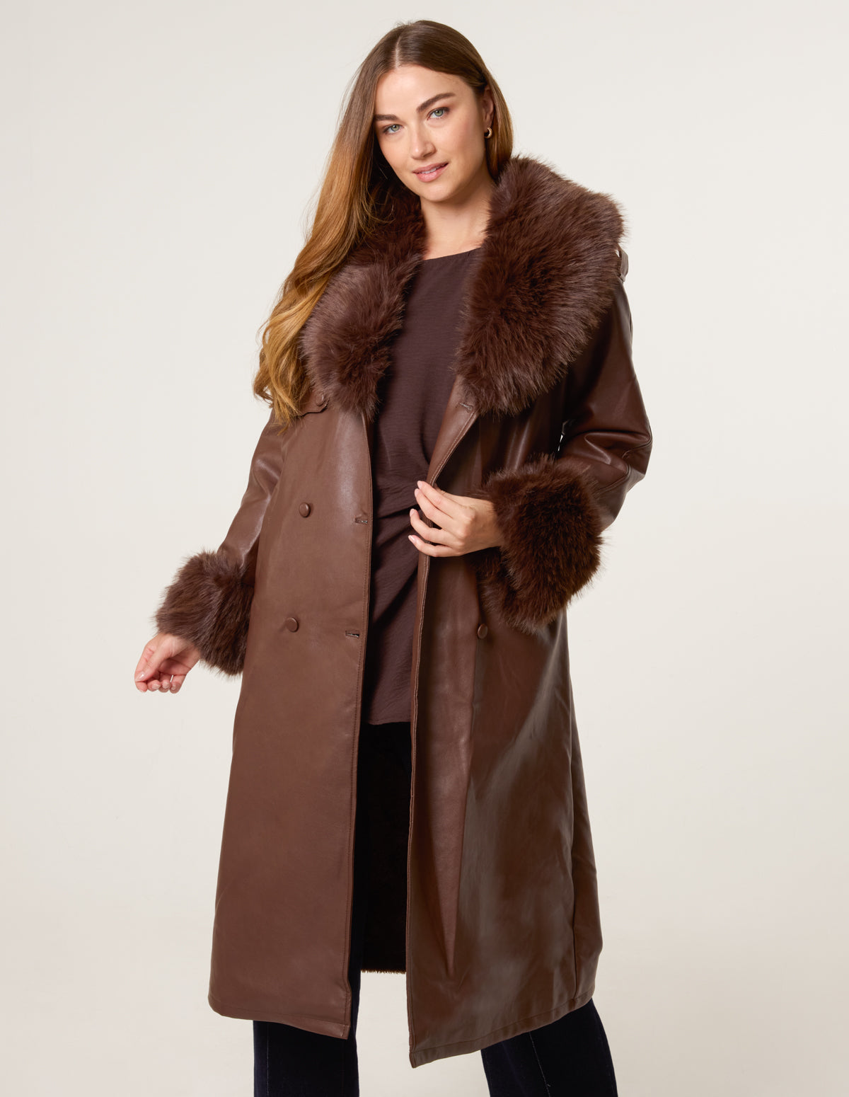 Faux Fur Cuff & Collar Coat