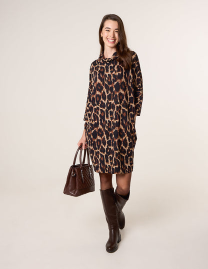 Leopard Print Draped Cowl Neck Tunic Dress