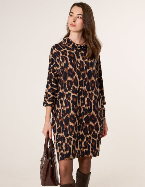 Leopard Print Draped Cowl Neck Tunic Dress