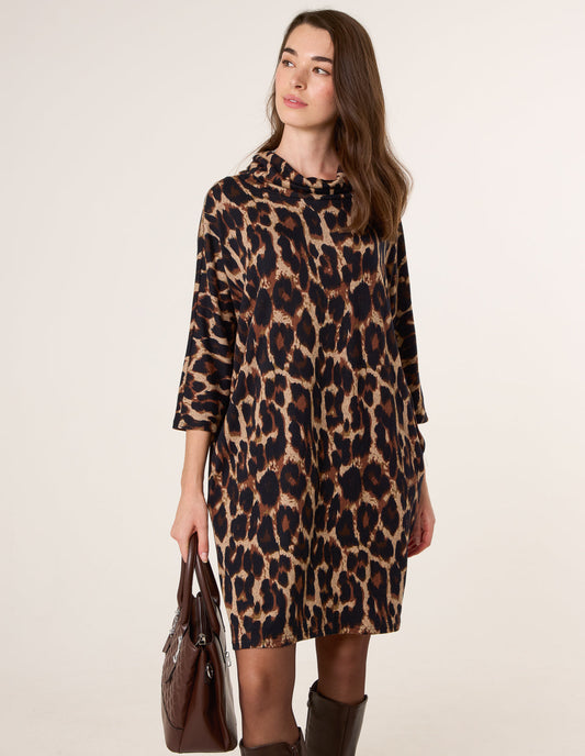 Leopard Print Draped Cowl Neck Tunic Dress