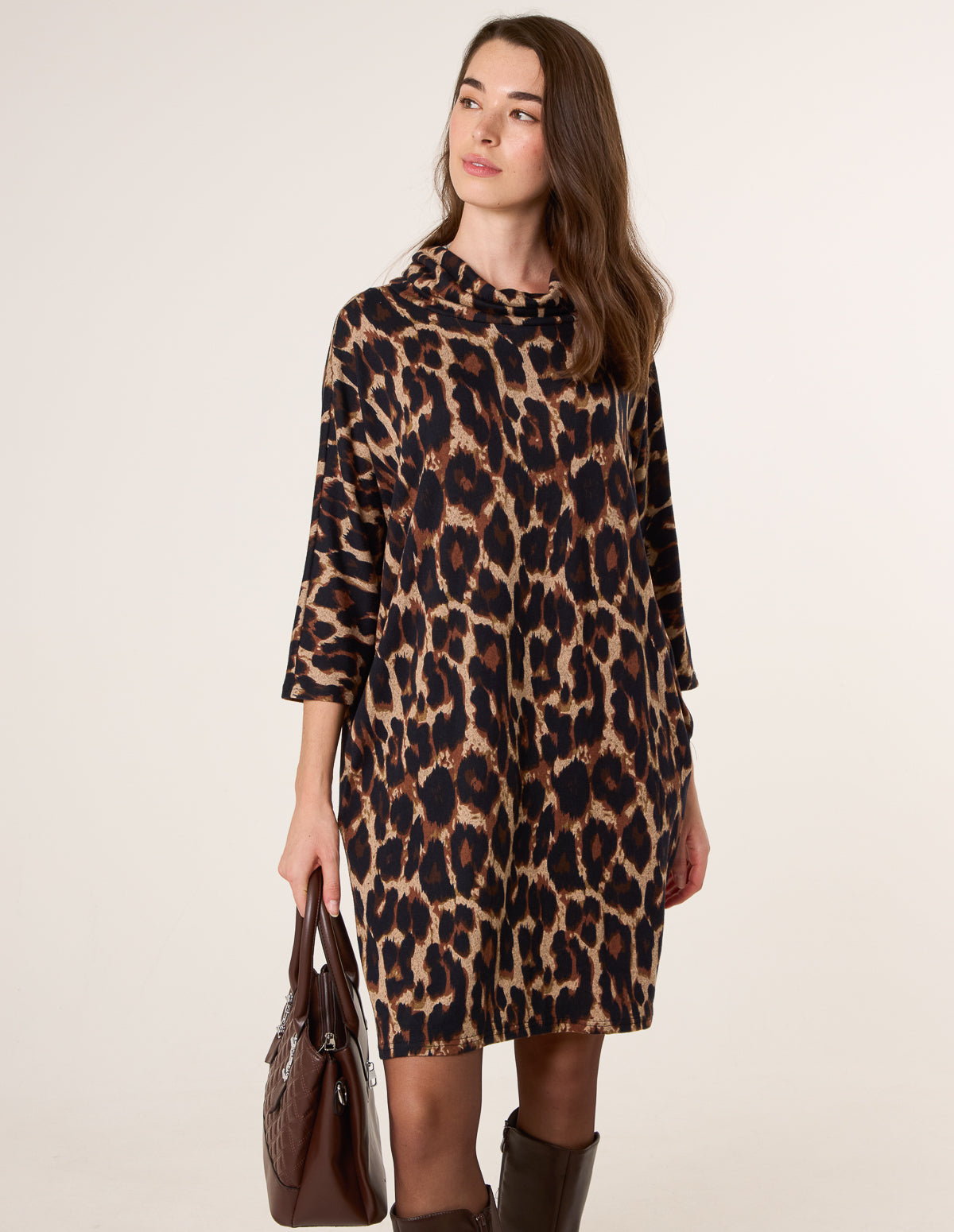 Leopard Print Draped Cowl Neck Tunic Dress
