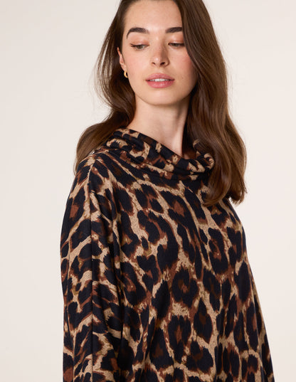 Leopard Print Draped Cowl Neck Tunic Dress