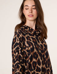 Leopard Print Draped Cowl Neck Tunic Dress
