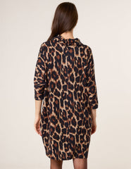 Leopard Print Draped Cowl Neck Tunic Dress