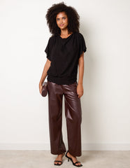 Button Detail Draped Cowl Neck Top