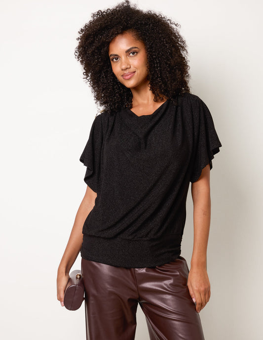 Button Detail Draped Cowl Neck Top