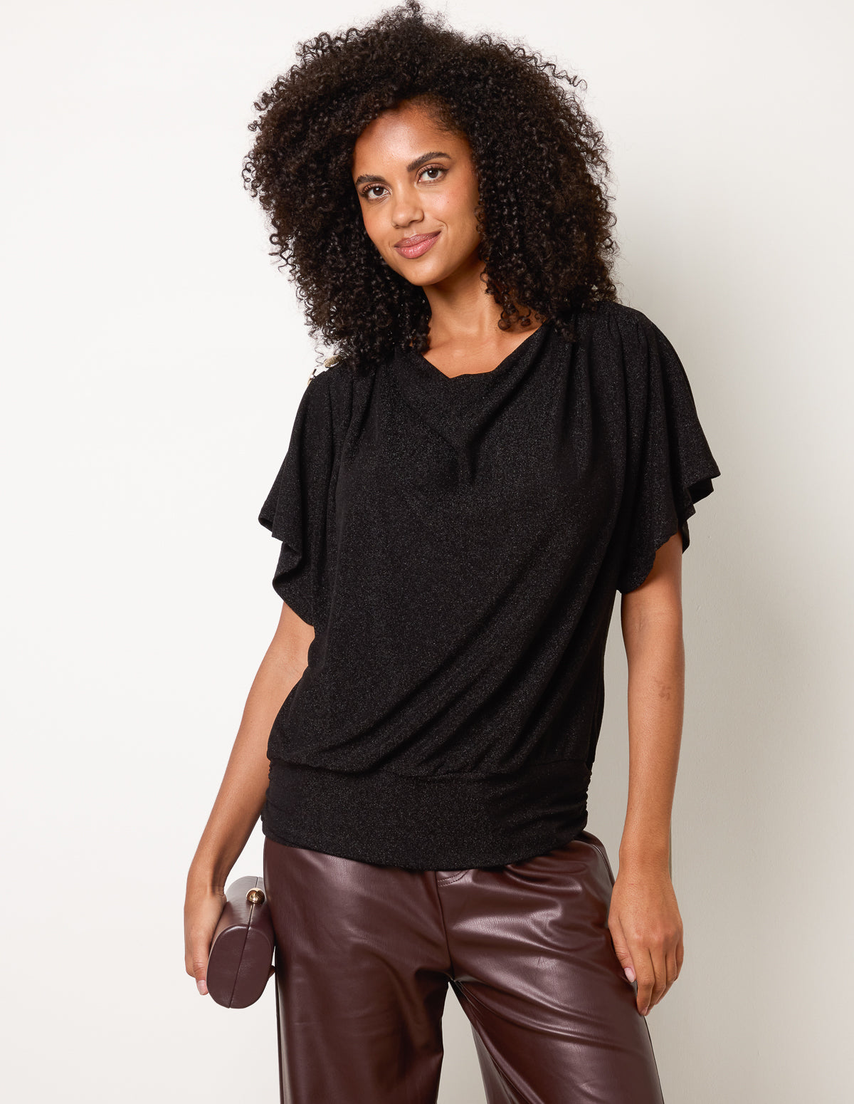 Button Detail Draped Cowl Neck Top