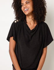 Button Detail Draped Cowl Neck Top