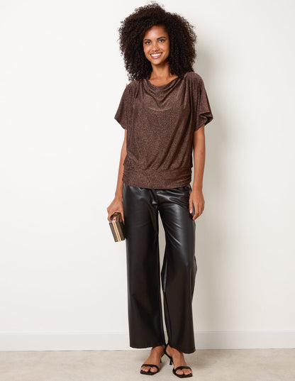 Button Detail Draped Cowl Neck Top