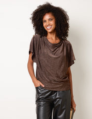 Button Detail Draped Cowl Neck Top