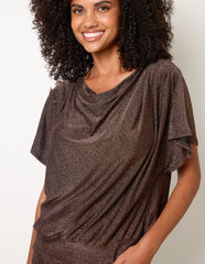 Button Detail Draped Cowl Neck Top