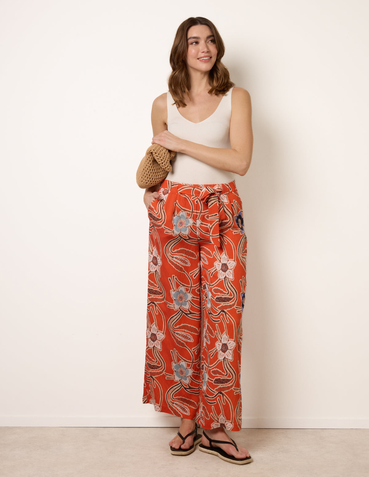 Paper Bag Tie Waist Wide Leg Trousers