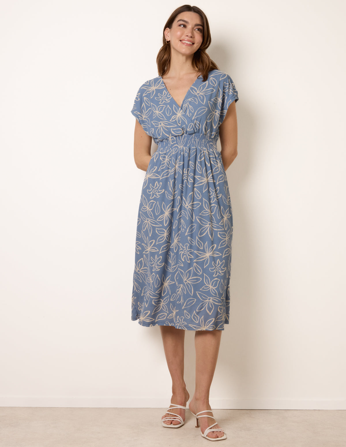 Floral Wrap Front Elasticated Waist Midi Dress